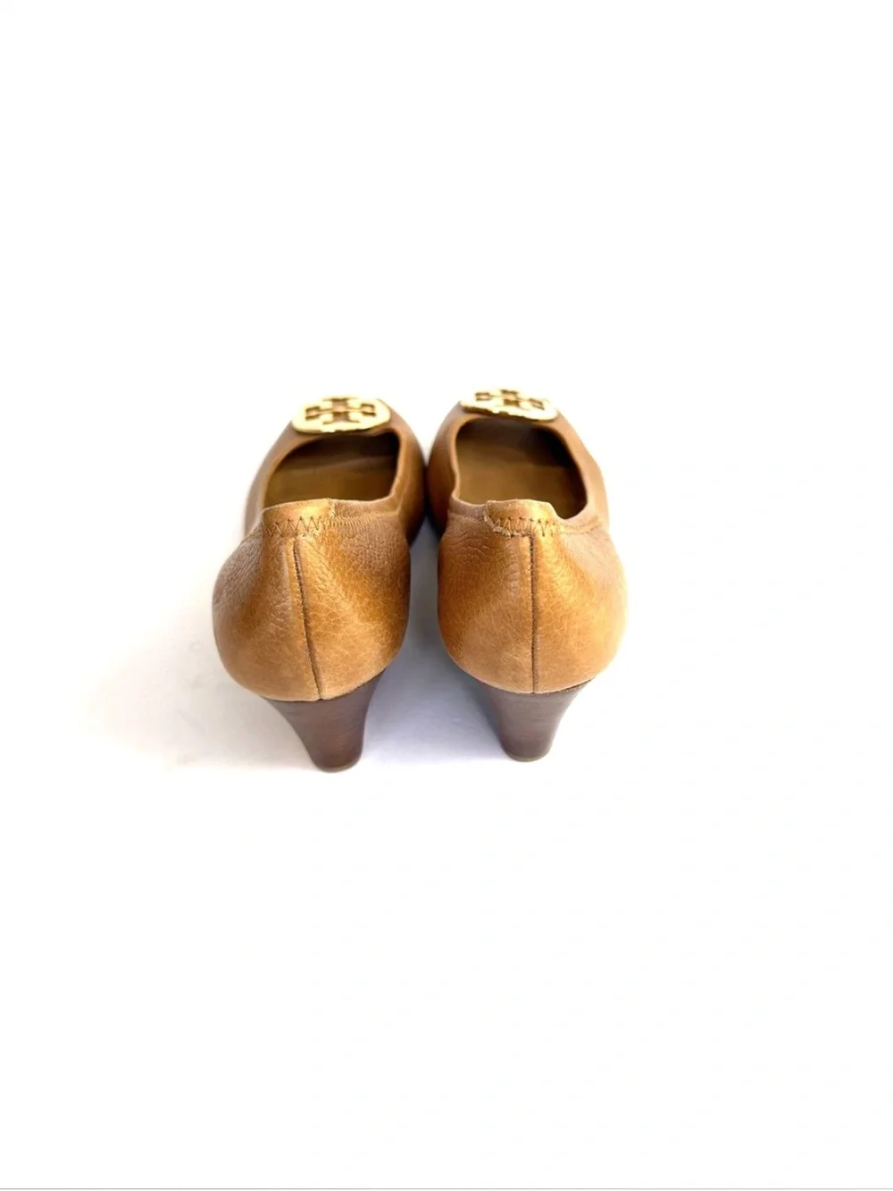 Tory Burch ‘Sally’ Brown Leather Peep Toe Wedges Women Size 13 M Gold Medallion